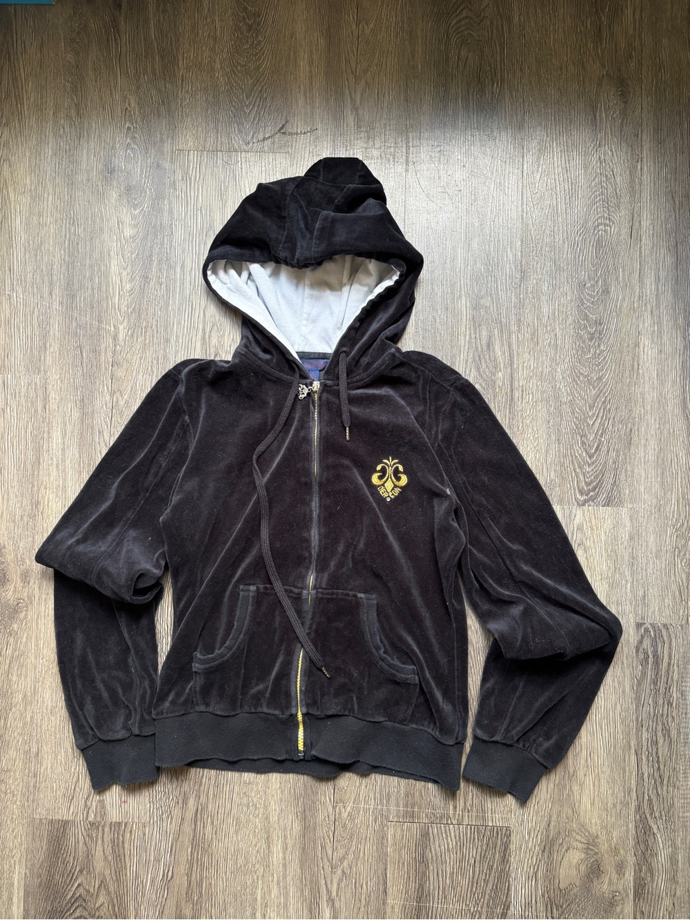 Y2K Black Velvet Zip-Up Hoodie Size M | Gold Zip Detail - Picture 2 of 5